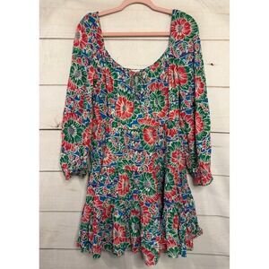 RIXO Floral Print Tie Neck Mini Dress Women's Size‎ M Blue Red Green
